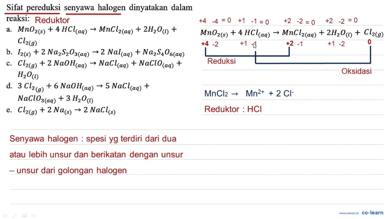 Sifat pereduksi senyawa halogen dinyatakan dalam reaksi: a.