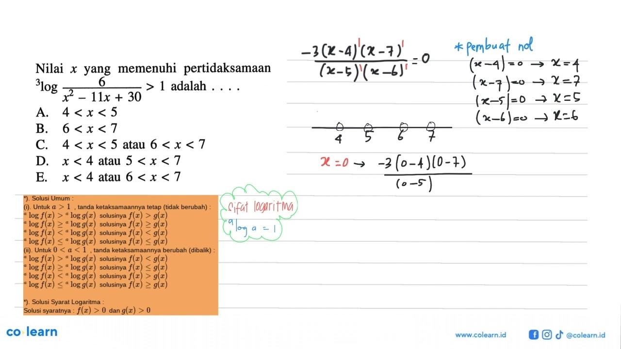 Nilai x yang memenuhi pertidaksamaan 3log 6/(x^2-11x+30)>1