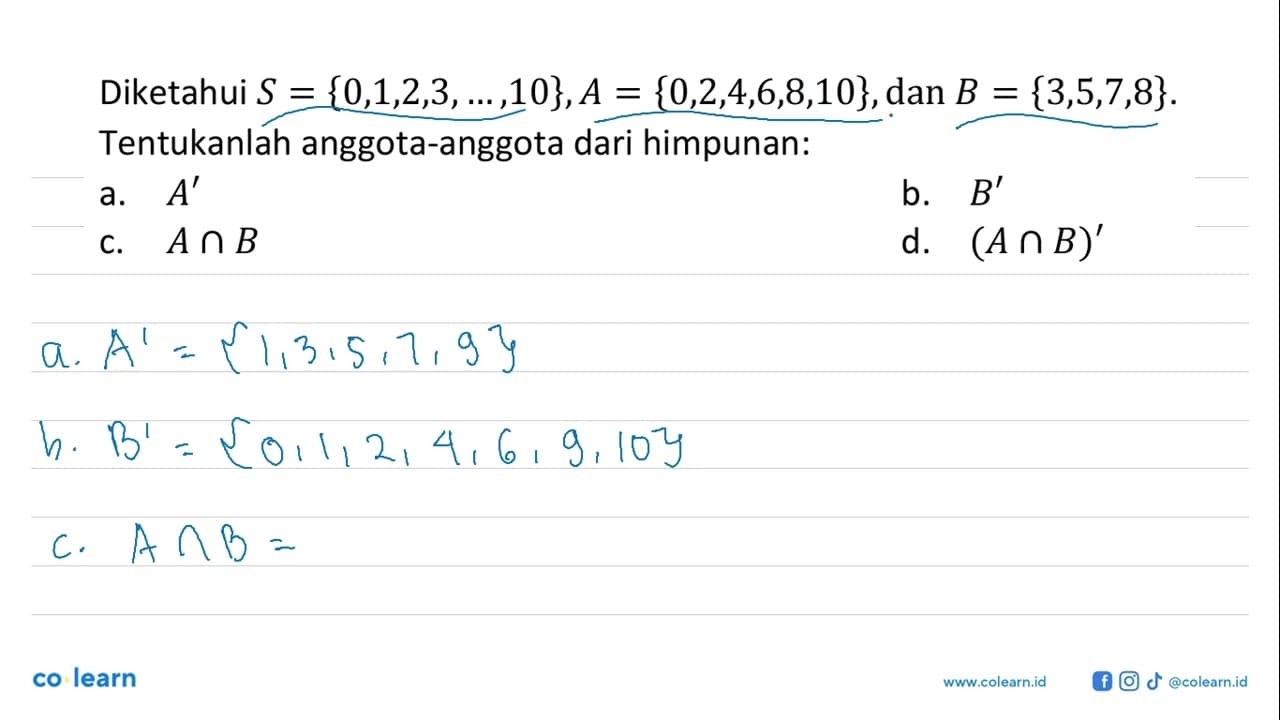 Diketahui S = {0, 1, 2, 3, ..., 10}, A = {0, 2, 4, 6, 8,