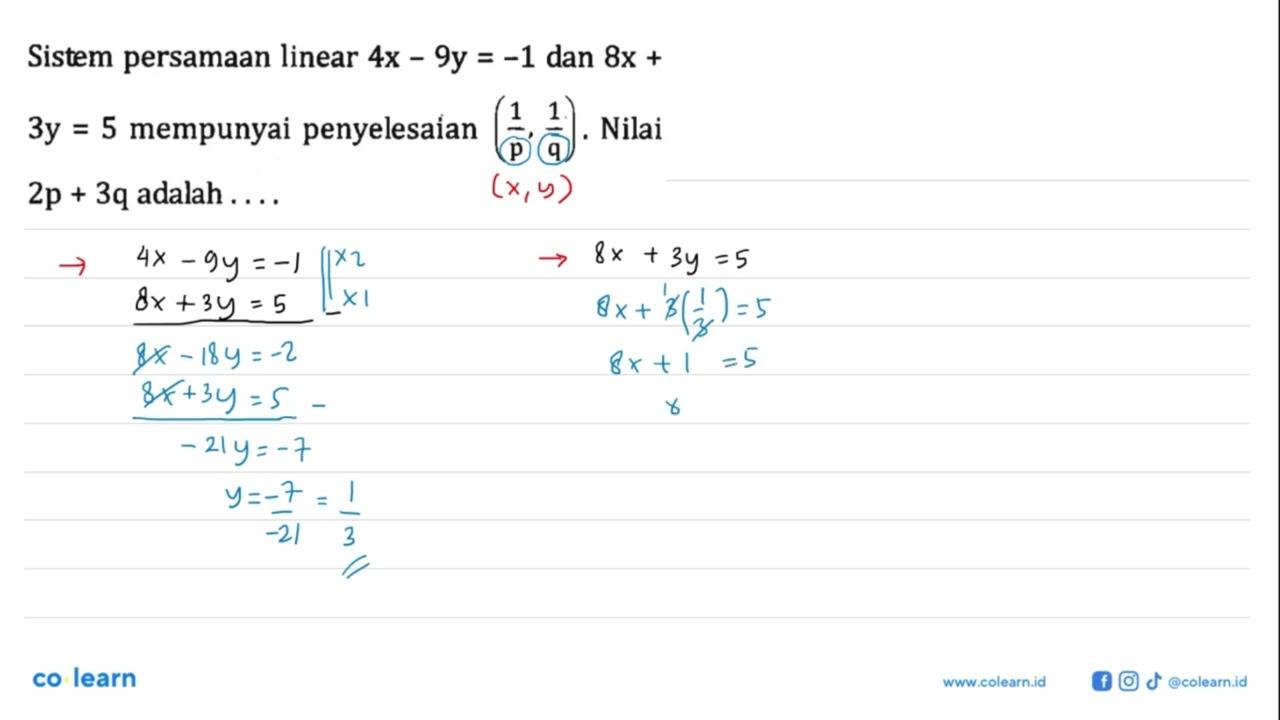 Sistem persamaan linear 4x - 9y = -1 dan 8x + 3y = 5