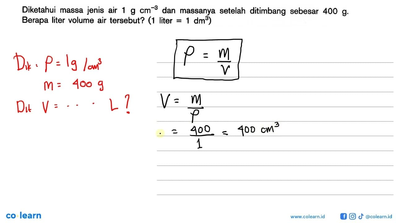 Diketahui massa jenis air 1 g cm^-3 dan massanya setelah