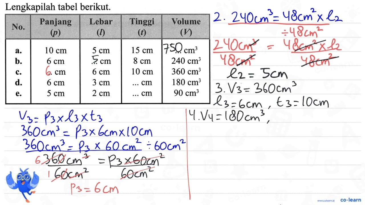 Lengkapilah tabel berikut. {|c|c|c|c|c|) No. Panjang (p)