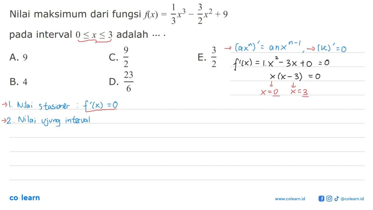 Nilai maksimum dari fungsi f(x)=1/3 x^3-3/2 x^2+9 pada