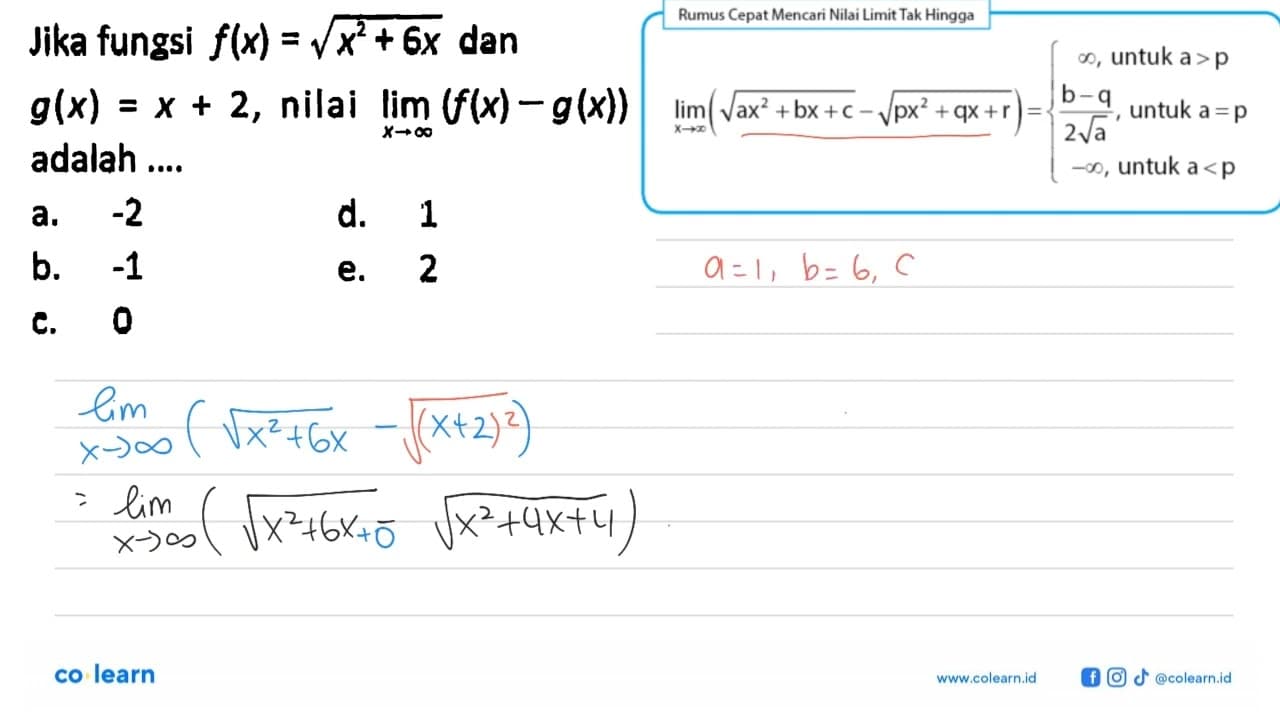 Jika fungsi f(x)=akar(x^2+6x) dan g(x)=x+2, nilai lim