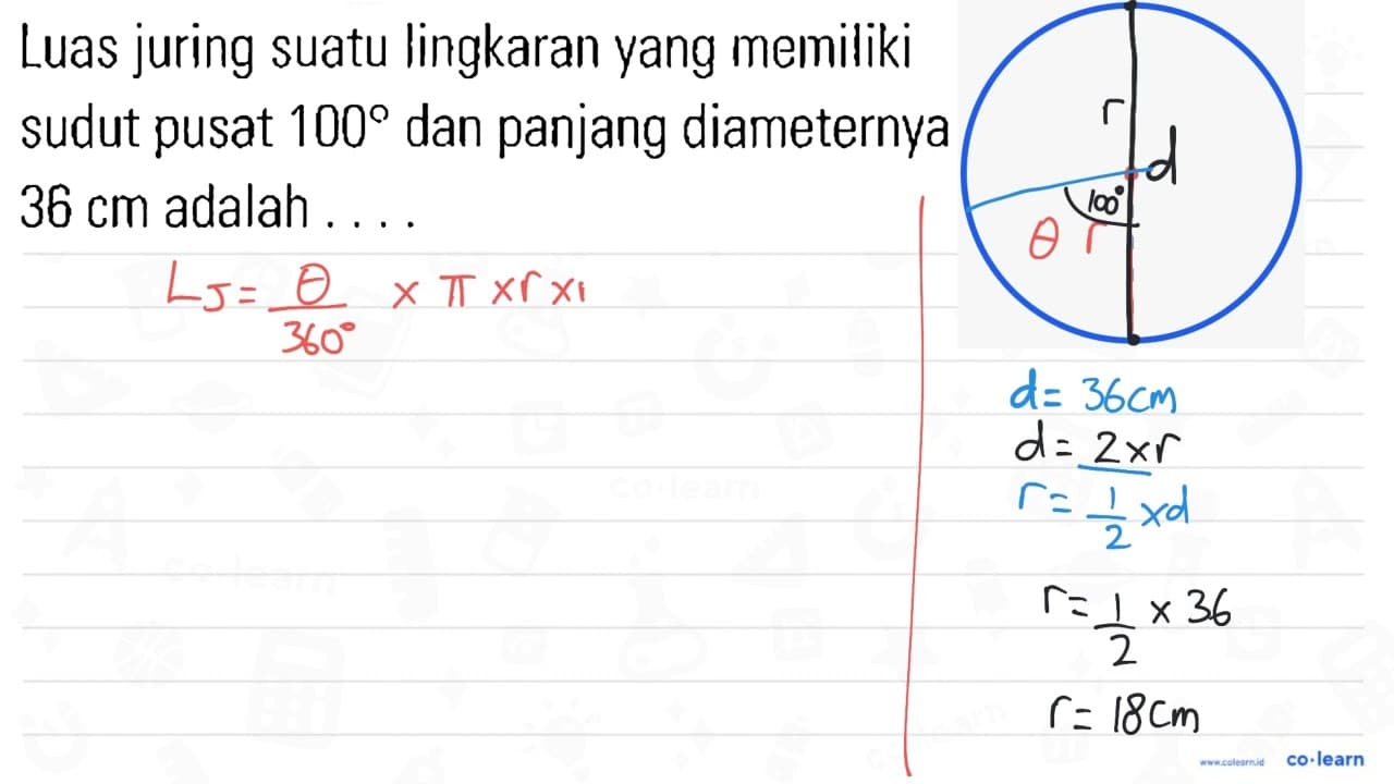 Luas juring suatu lingkaran yang memiliki sudut pusat 100