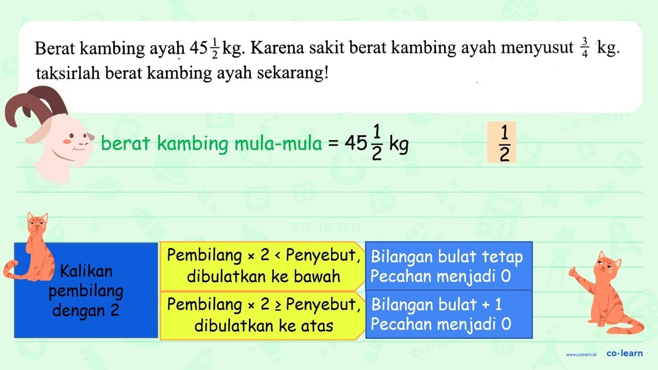 Berat kambing ayah 45 (1)/(2) kg . Karena sakit berat