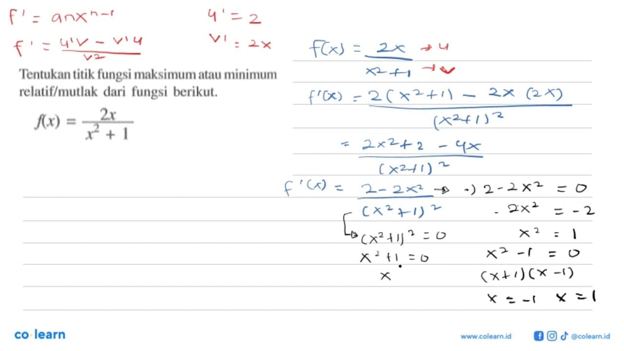 Tentukan titik fungsi maksimum atau minimum relatif/mutlak