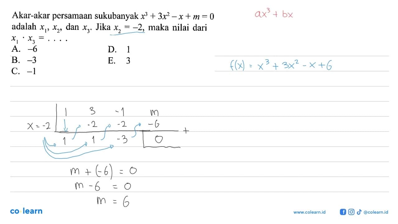 Akar-akar persamaan sukubanyak x+3x^2-x+m=0 adalah x1, x2,