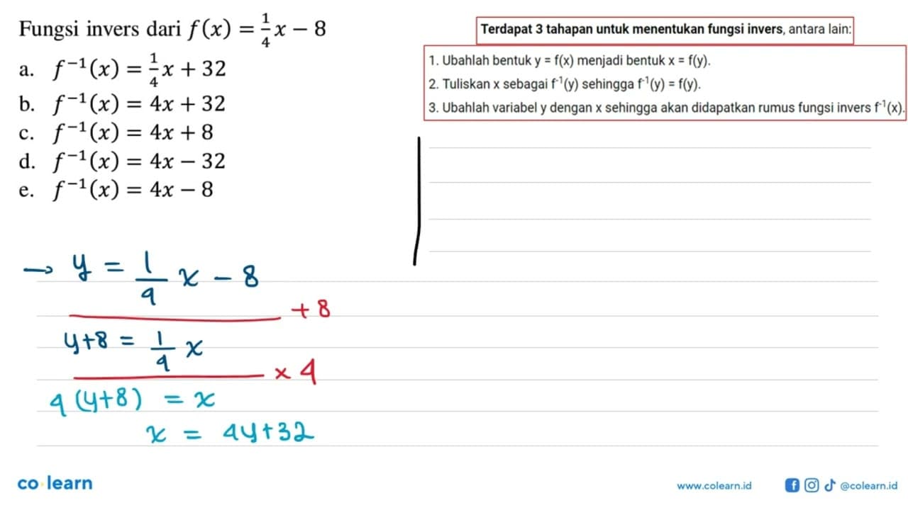 Fungsi invers dari f(x)=(1/4)x-8