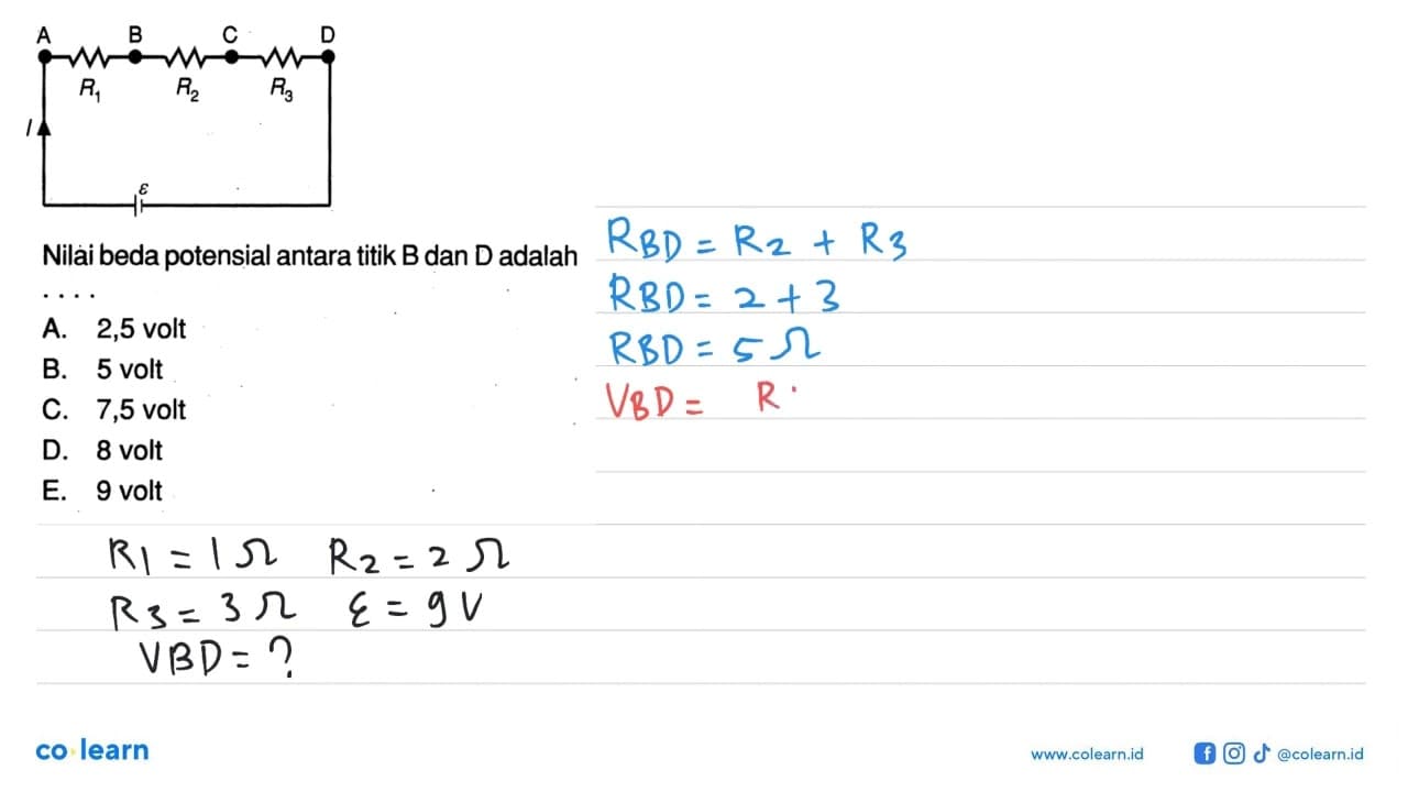 Nilai beda potensial antara titik B dan D adalah