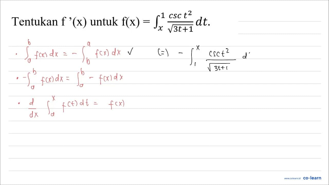 Tentukan f'(x) untuk f(x)=integral dari{x)^(1) (c s c