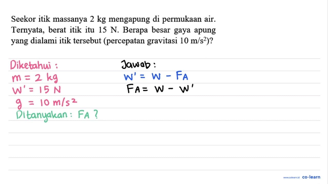 Seekor itik massanya 2 kg mengapung di permukaan air.