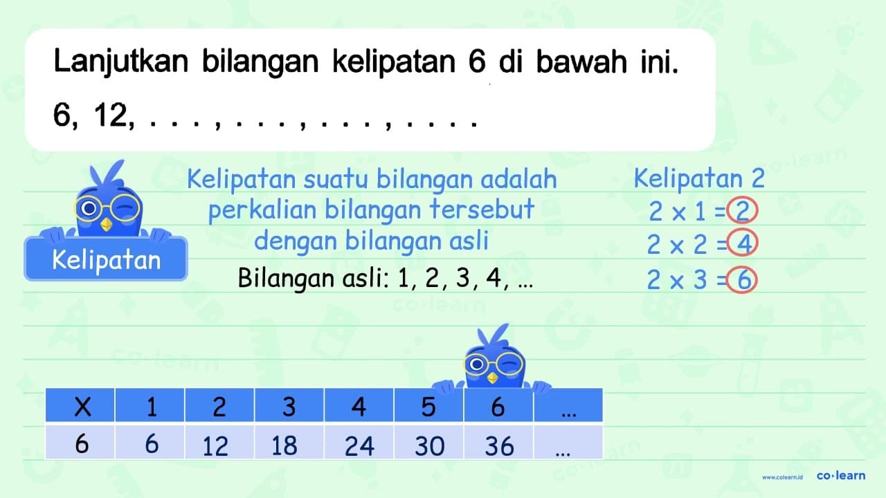 Lanjutkan bilangan kelipatan 6 di bawah ini. 6, 12, ...,