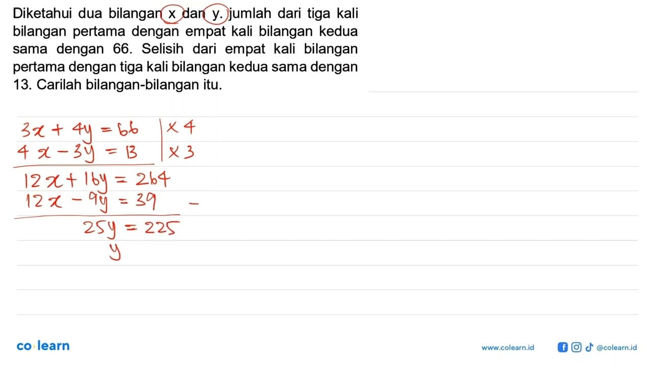 Diketahui dua bilanganx dan y. jumlah dari tiga kali