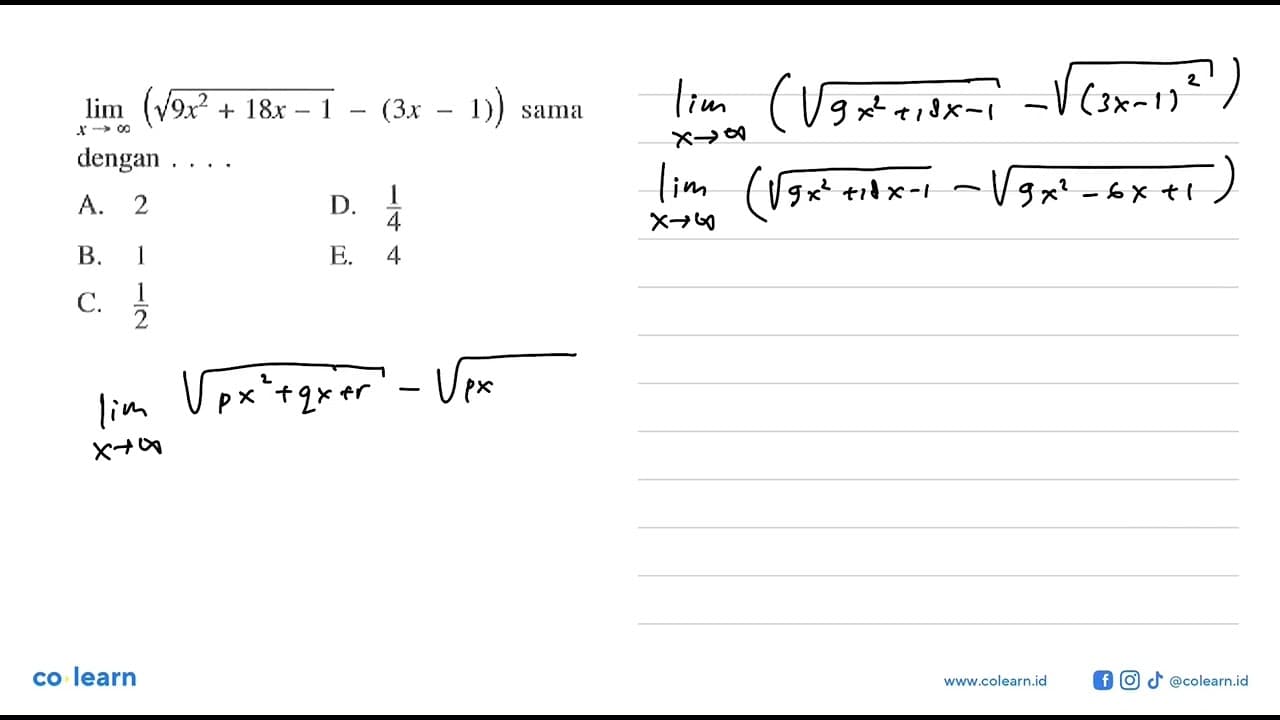 lim x-> tak hingga (akar(9x^2+18x-1)-(3x-1)) sama dengan