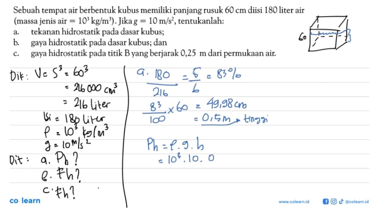 Sebuah tempat air berbentuk kubus memiliki panjang rusuk 60