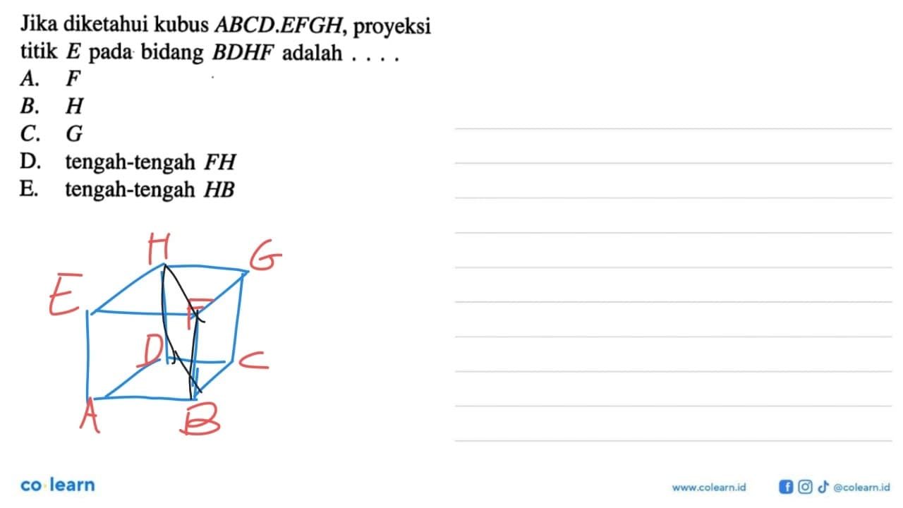 Jika diketahui kubus ABCD EFGH, proyeksi titik E pada