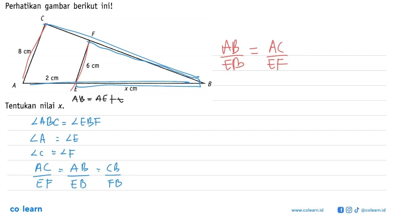 Perhatikan gambar berikut ini!C F 8 cm 6 cm A 2 cm E x cm