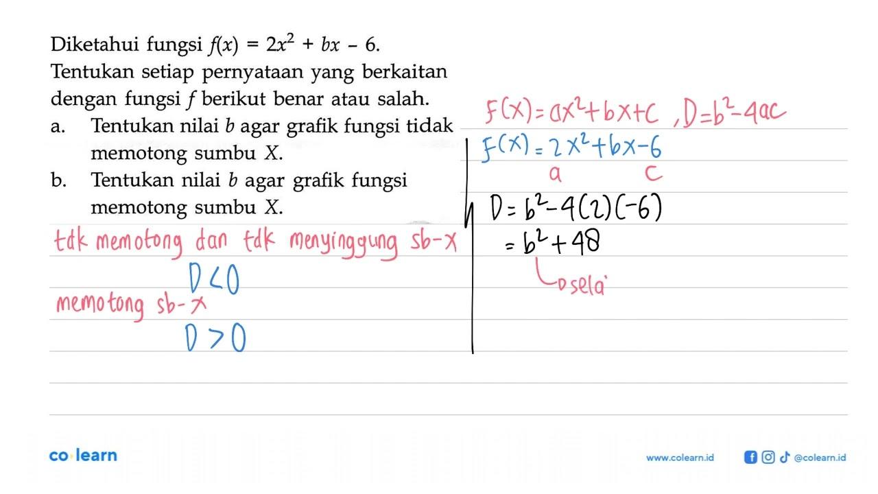 Diketahui fungsi f(x)=2x^2+bx-6 .Tentukan setiap pernyataan