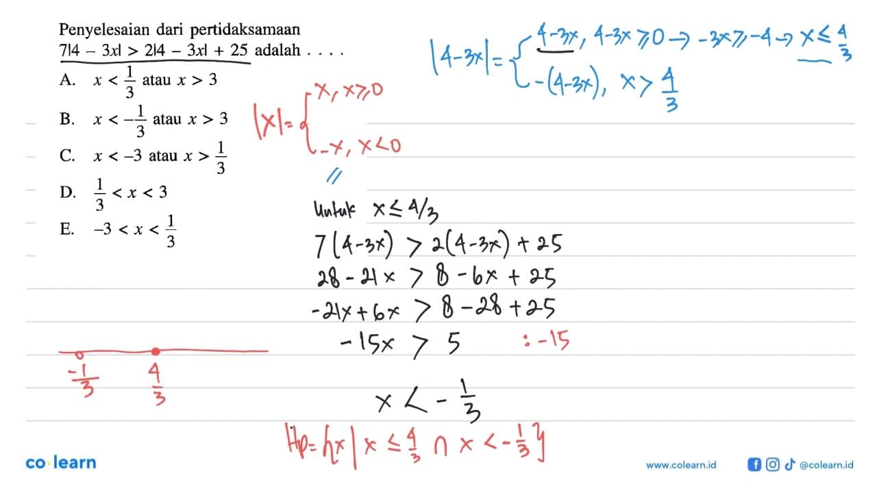 Penyelesaian dari pertidaksamaan 7|4-3x|>2|4-2x|+25 adalah