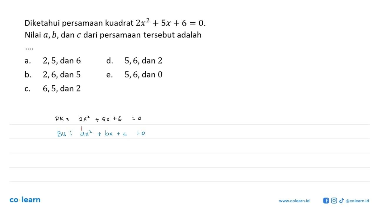 Diketahui persamaan kuadrat 2x^2 + 5x + 6 = 0. Nilai a, b,