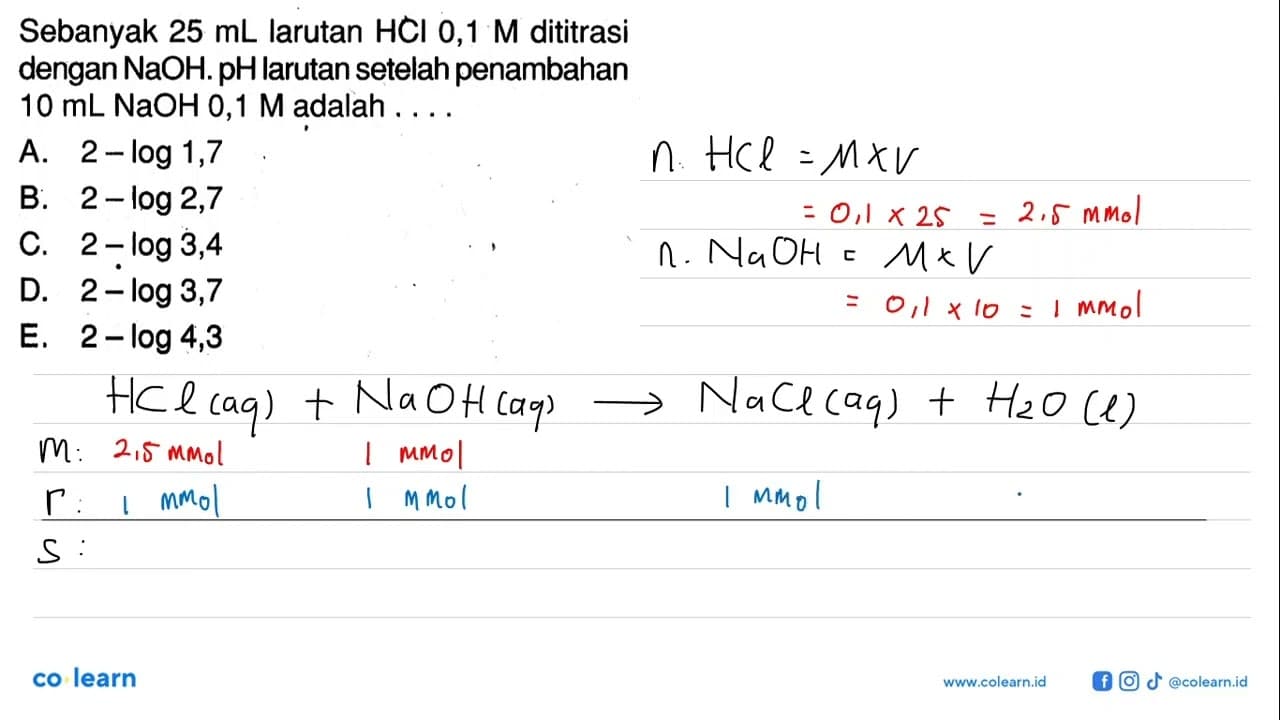 Sebanyak 25 mL larutan HCl 0,1 M dititrasi dengan NaOH. pH