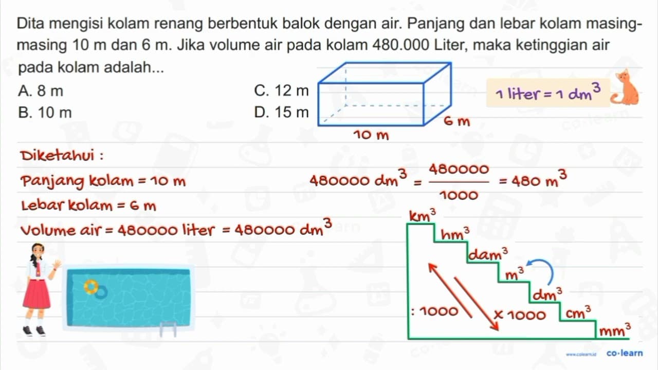 Dita mengisi kolam renang berbentuk balok dengan air.