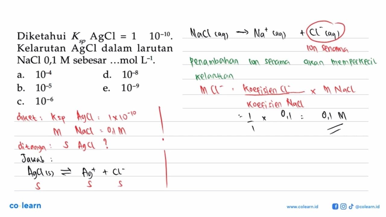 Diketahui Ksp AgCl=1 10^-10. Kelarutan AgCl dalam larutan