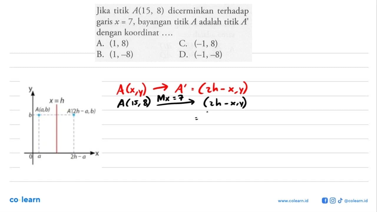 Jika titik A(15,8) dicerminkan terhadap garis x=7, bayangan