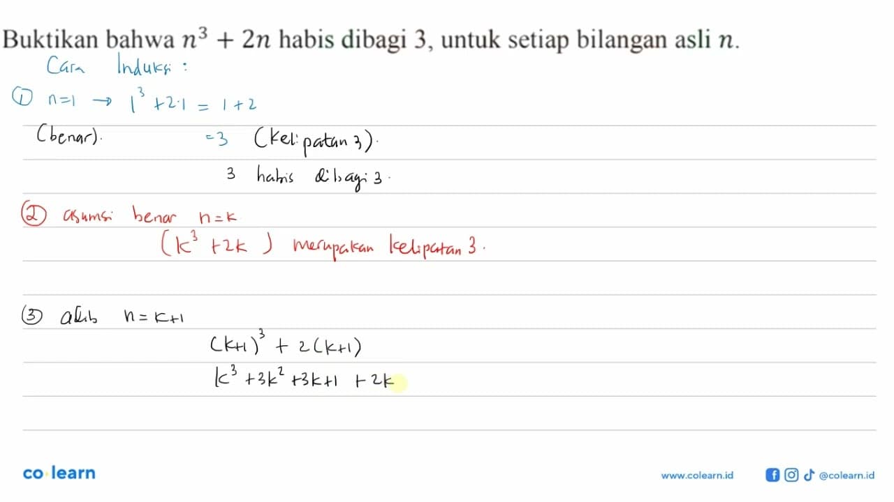 Buktikan bahwa n^3+2n habis dibagi 3, untuk setiap bilangan