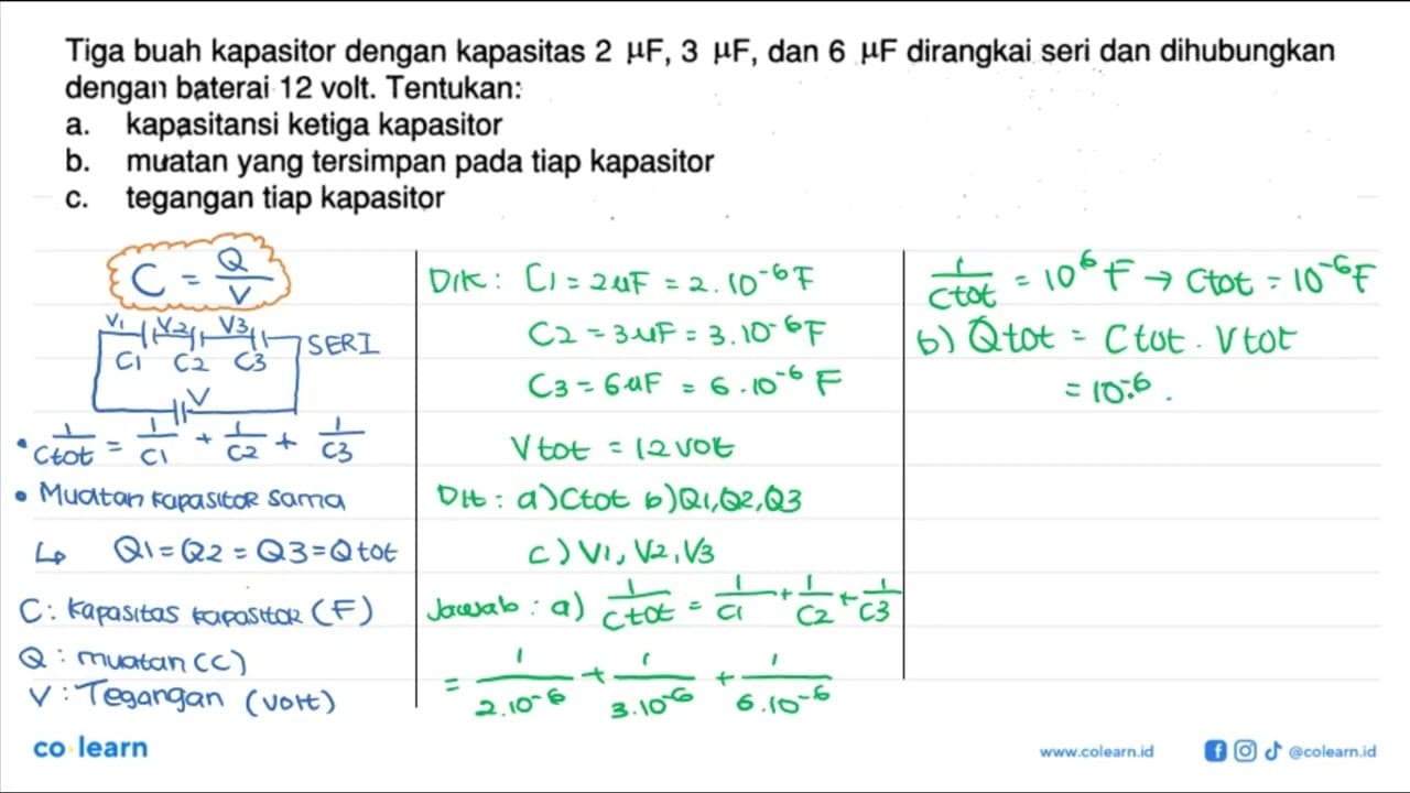 Tiga buah kapasitor dengan kapasitas 2 muF, 3 muF, dan 6