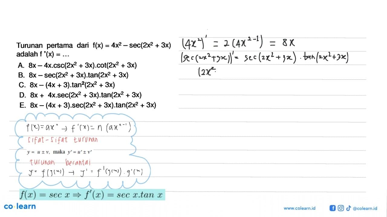 Turunan pertama dari f(x) = 4x^2 - sec(2x^2 + 3x) adalah f