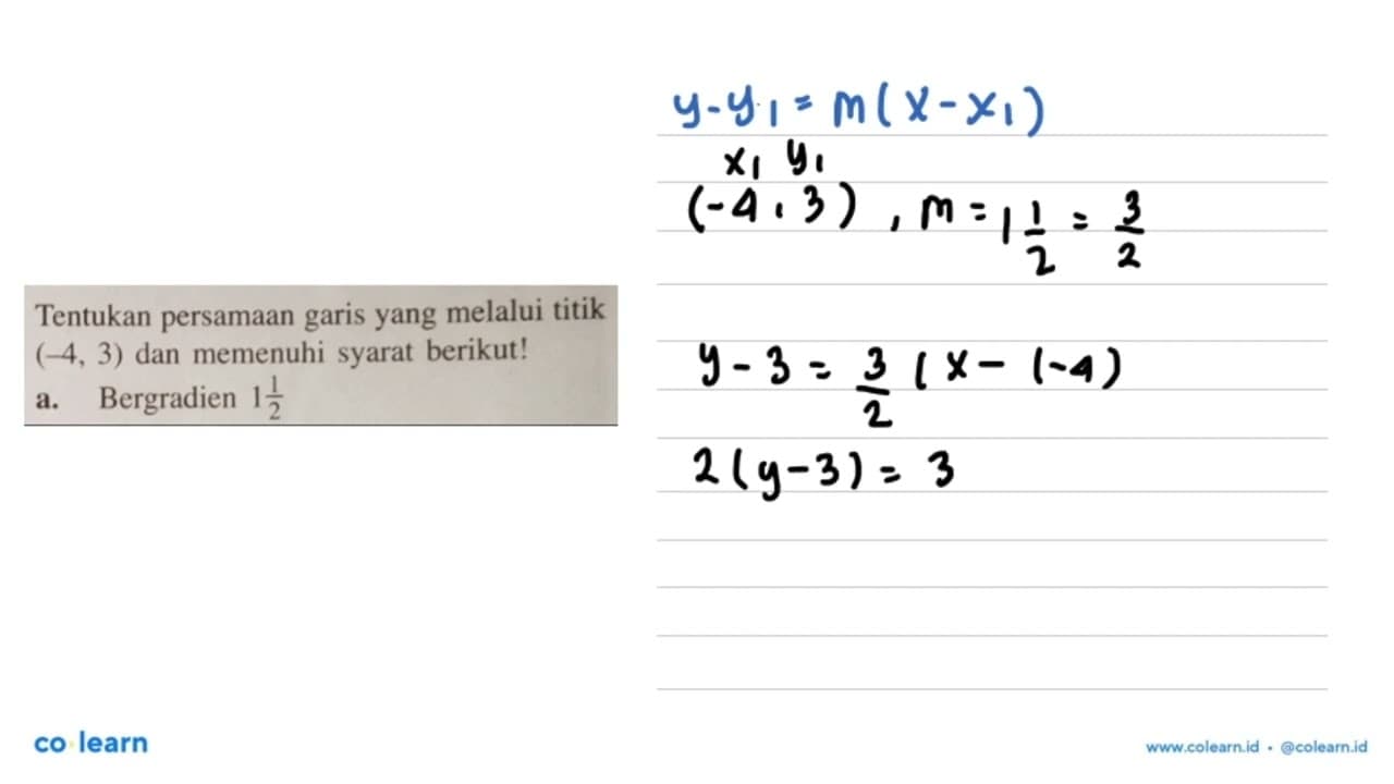 Tentukan persamaan garis yang melalui titik (-4,3) dan