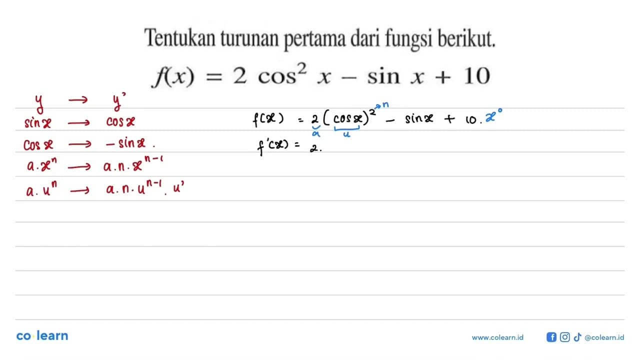 Tentukan turunan pertama dari fungsi berikut. f(x)=cot