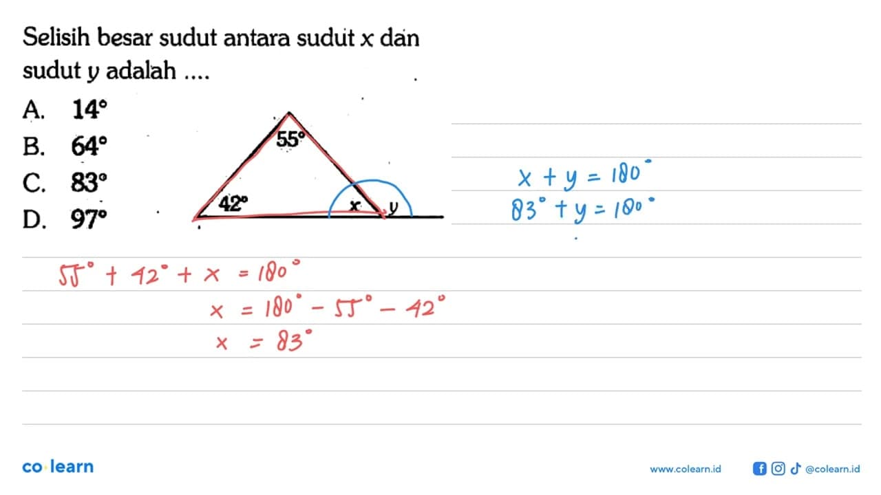 Selisih besar sudut antara sudut x dan sudut y adalah ....