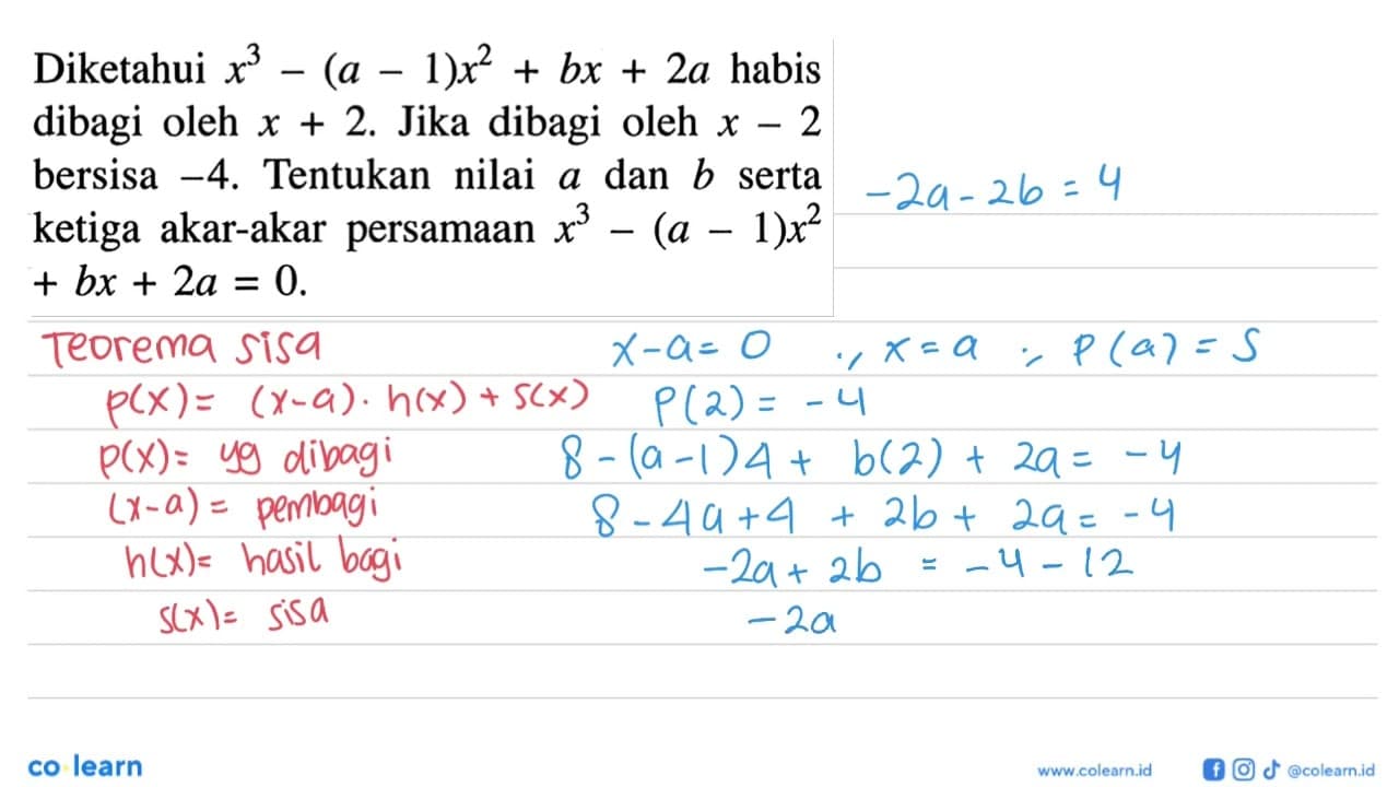 Diketahui x^3-(a-1)x^2+bx+2a habis dibagi oleh x+2. Jika