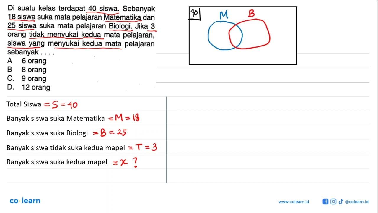 Di suatu kelas terdapat 40 siswa. Sebanyak 18 siswa suka