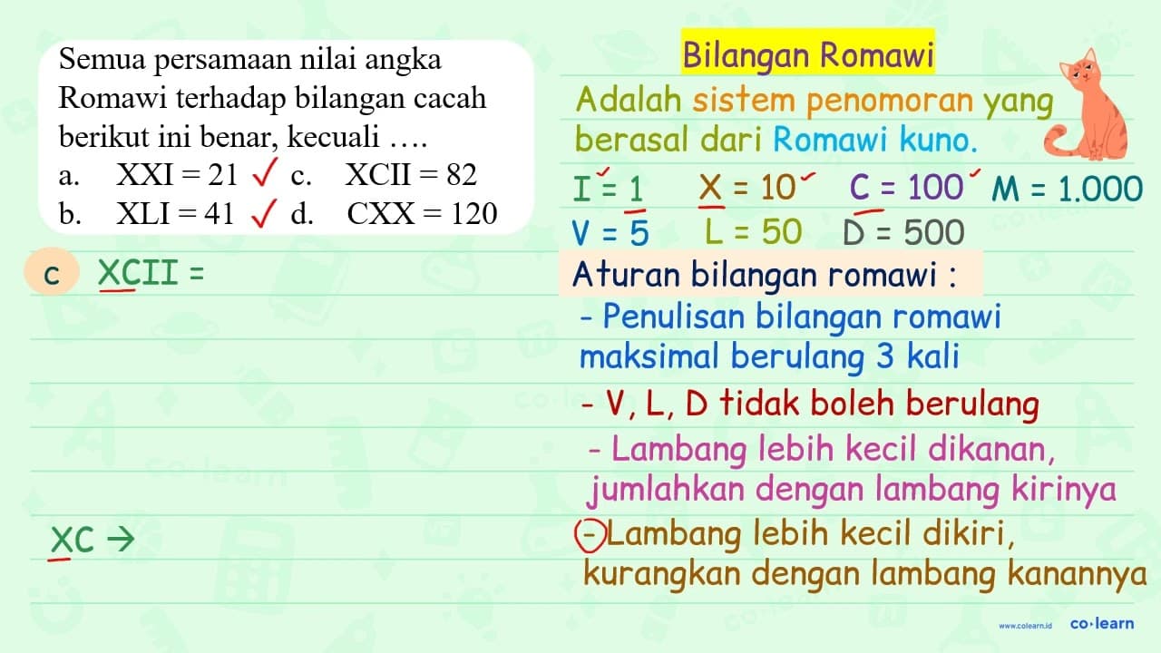 Semua persamaan nilai angka romawi terhadap bilangan cacah