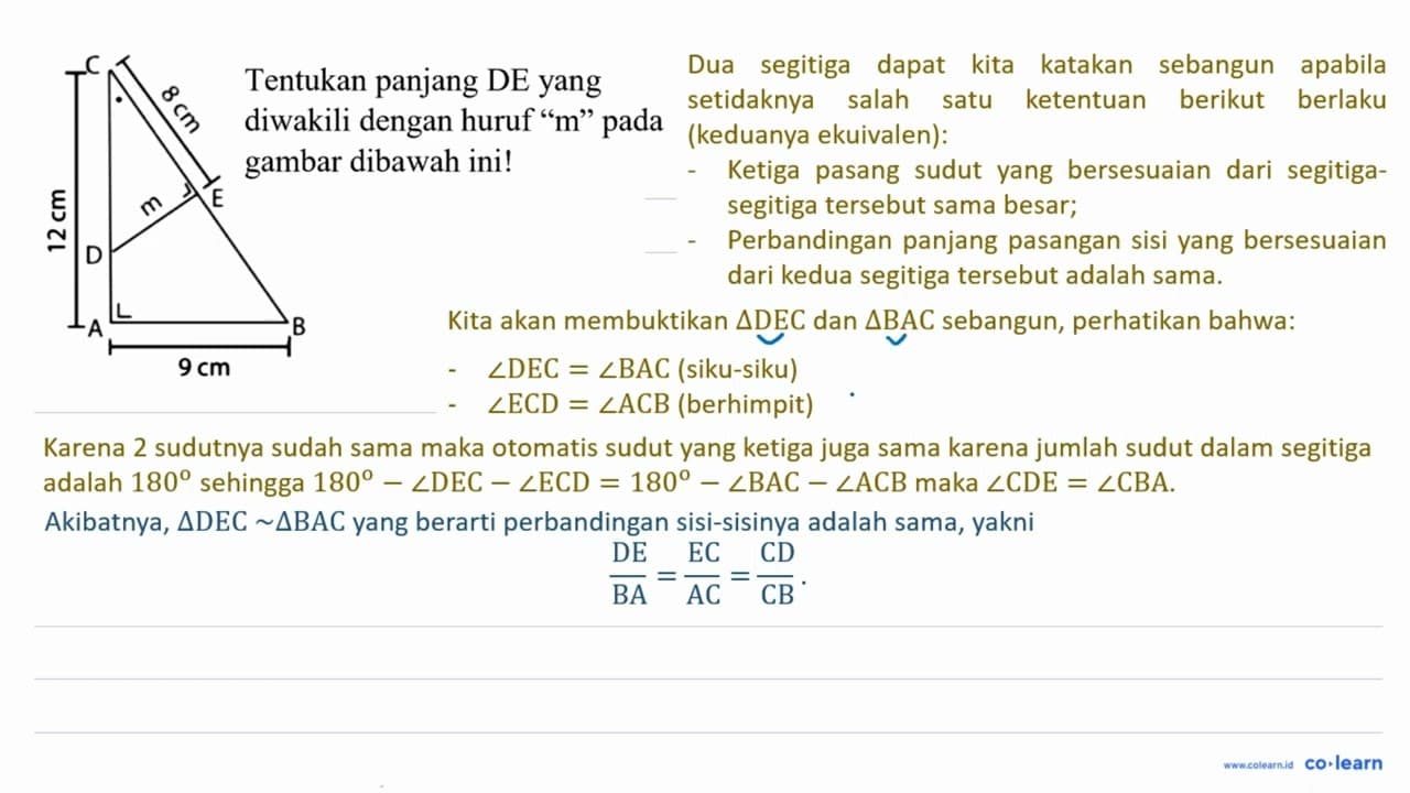 Tentukan panjang DE yang diwakili dengan huruf "m" pada