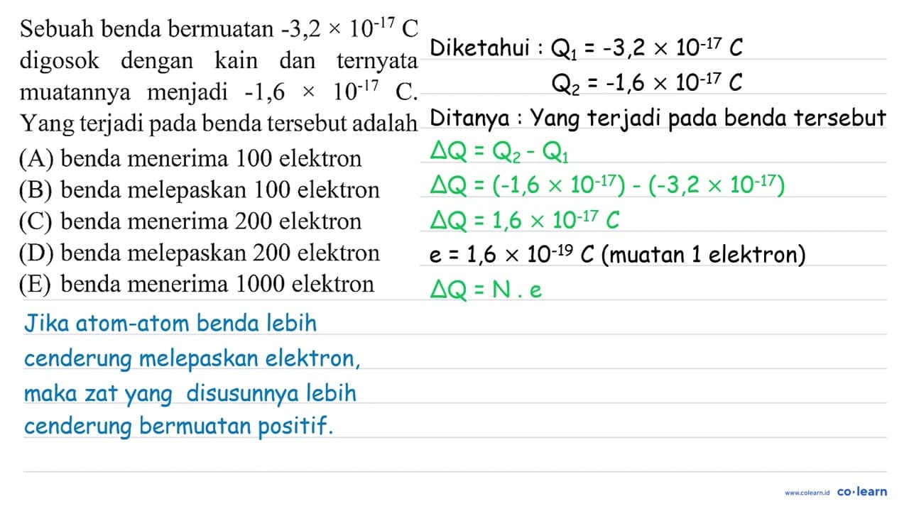 Sebuah benda bermuatan -3,2 x 10^(-17) C digosok dengan