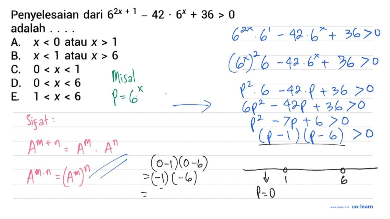 Penyelesaian dari 6^(2 x+1)-42 . 6^(x)+36>0 adalah ....