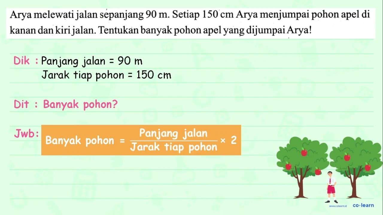 Arya melewati jalan sepanjang 90 m. Setiap 150 cm Arya