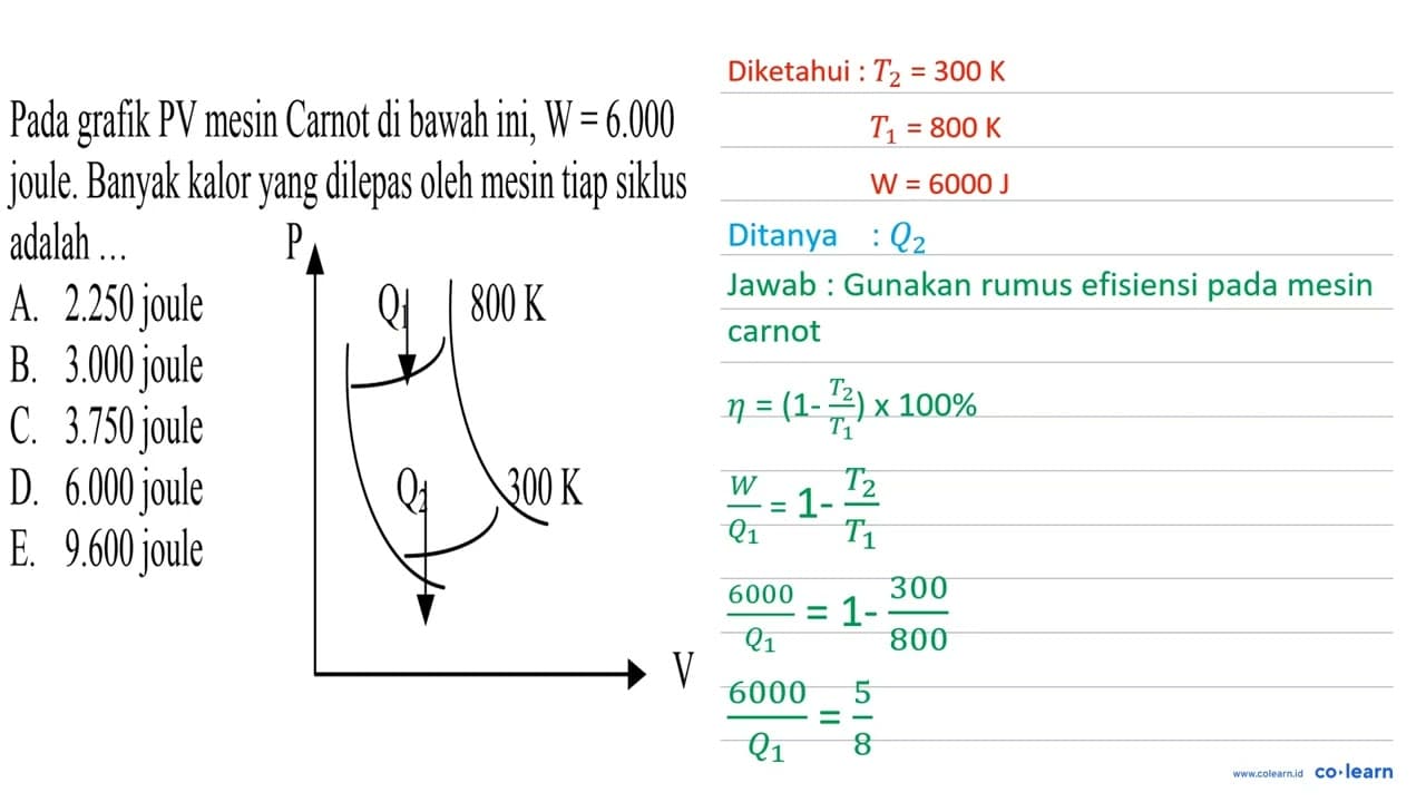 Pada grafik PV mesin Carnot di bawah ini, W=6.000 joule.