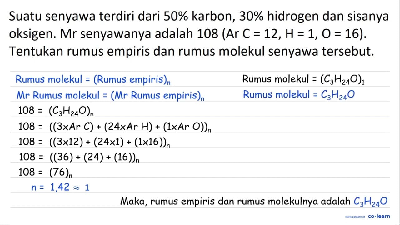 Suatu senyawa terdiri dari 50 % karbon, 30 % hidrogen dan