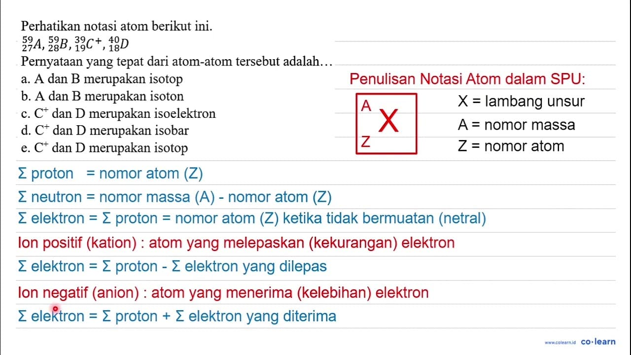 Perhatikan notasi atom berikut ini. { )_(27)^(59) A,{