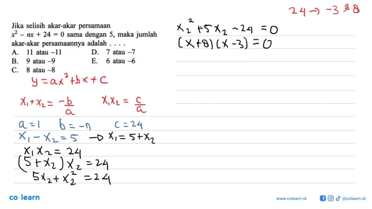 Jika selisih akar-akar persamaan x^2 - nx + 24 = 0 sama