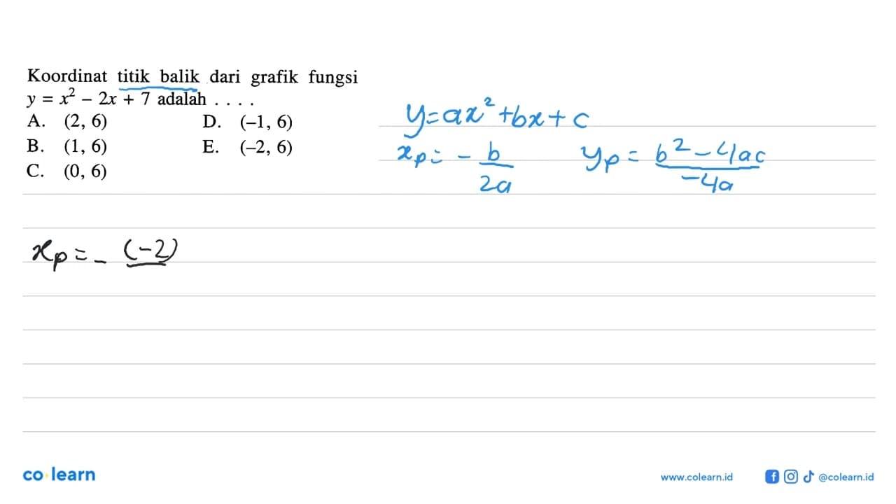 Koordinat titik balik dari grafik fungsi y=x^2-2x+7 adalah