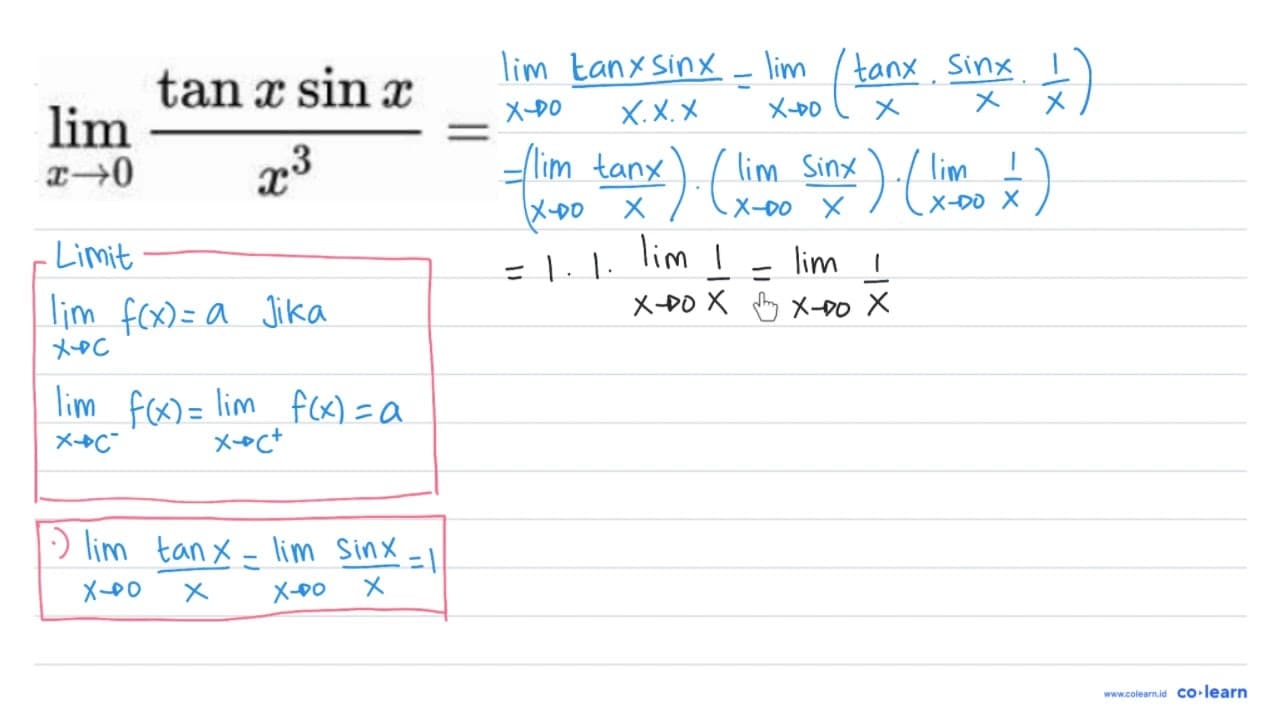 lim _(x -> 0) (tan x sin x)/(x^(3))=