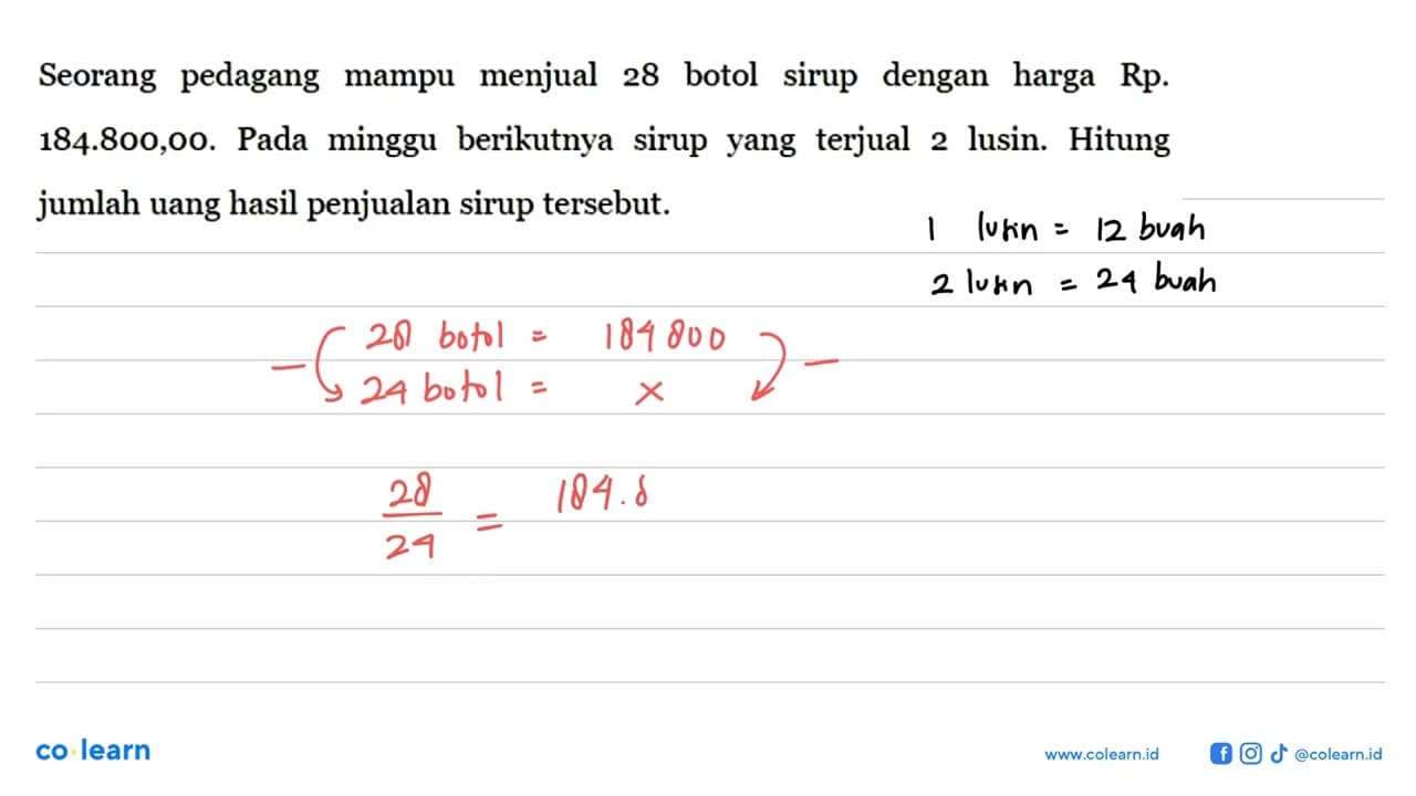 Seorang pedagang mampu menjual 28 botol sirup dengan harga