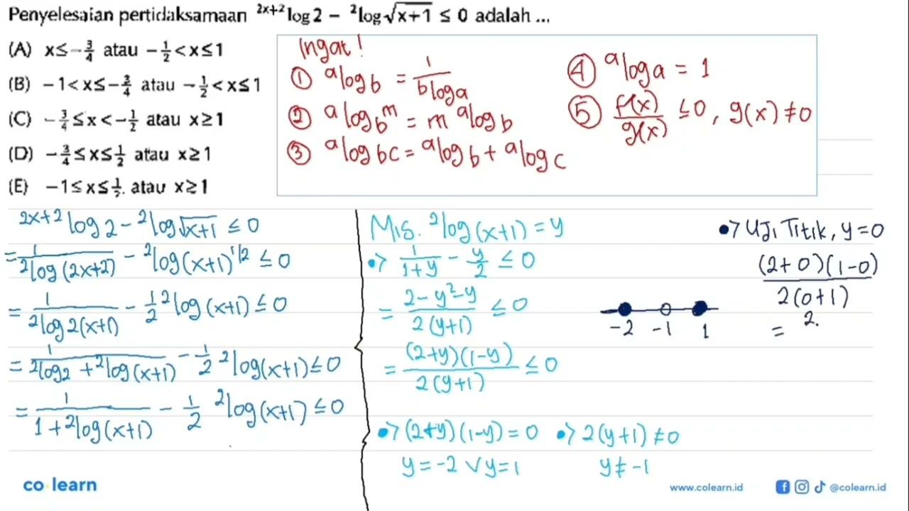 Penyelesaian pertidaksamaan (2x+2)log2 - 2log(x+1)^(1/2) <=